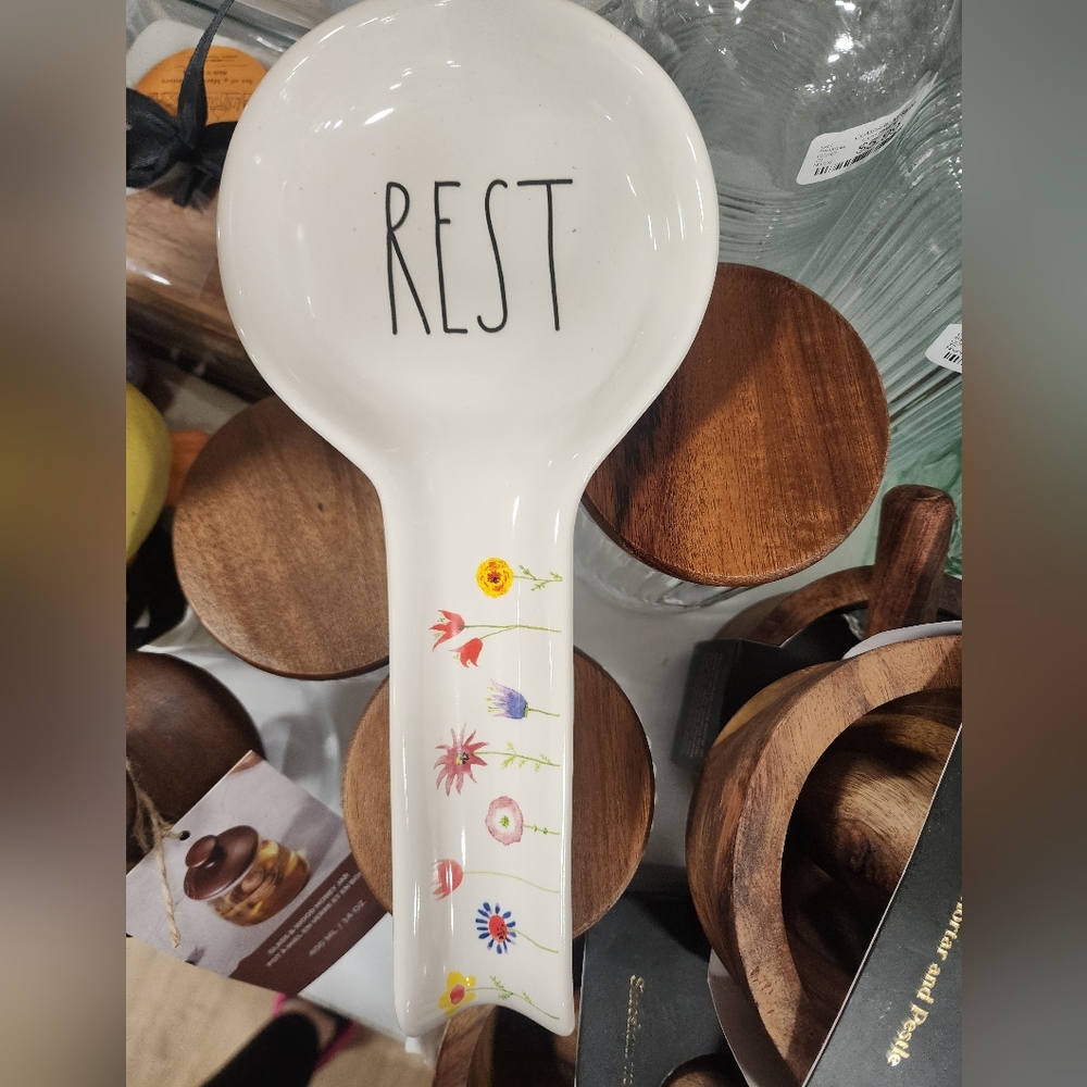 Rae Dunn White Ceramic Spoon Rest with Floral Design